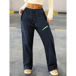 Women's Jogging Exercise Quick Drying Pants Multi Pockets, Full Zipper, Adjustable Drawstring Waist - Non Stretch Casual Pants for Gym Workout & Outdoor Activities