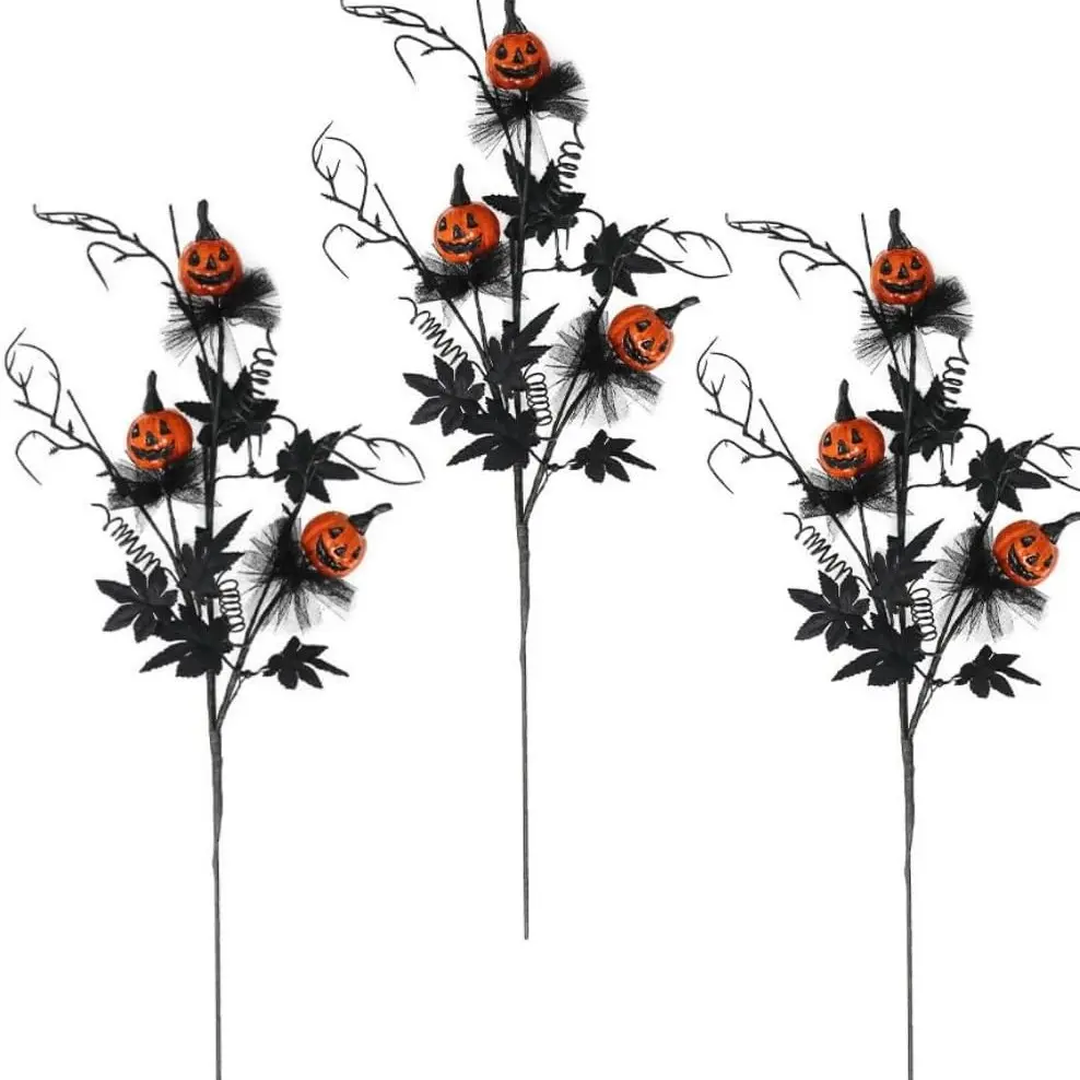 3-Pack Halloween Artificial Flowers, Horror Pumpkin Bouquet Vase Decor, Three Ghost Pumpkins, Party Home Decoration
