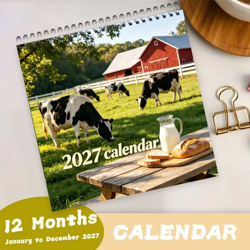 2027 Annual Cow Calendar (8.27 inches X 8.27 inches) Spiral Design 12 Pages High-Quality Thick Paper, Ideal for Home and Office Decoration, Beautiful Illustrated Cover with High-Definition Printing