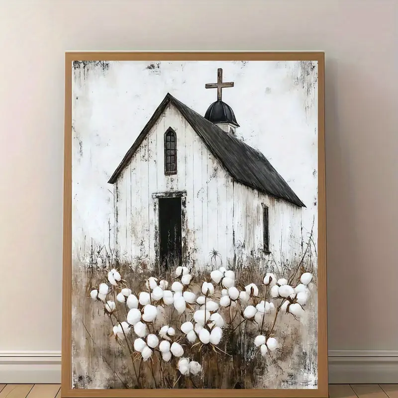 1 Vintage White Church Canvas Print - Rustic Farm Mural with Black Roof and Cross, Suitable for Living Room, Bedroom, Office, Dining Room, 12x16 inches, Unframed, Vintage Church Artwork |   Religious Mural |   Waterproof Canvas, Church Mural