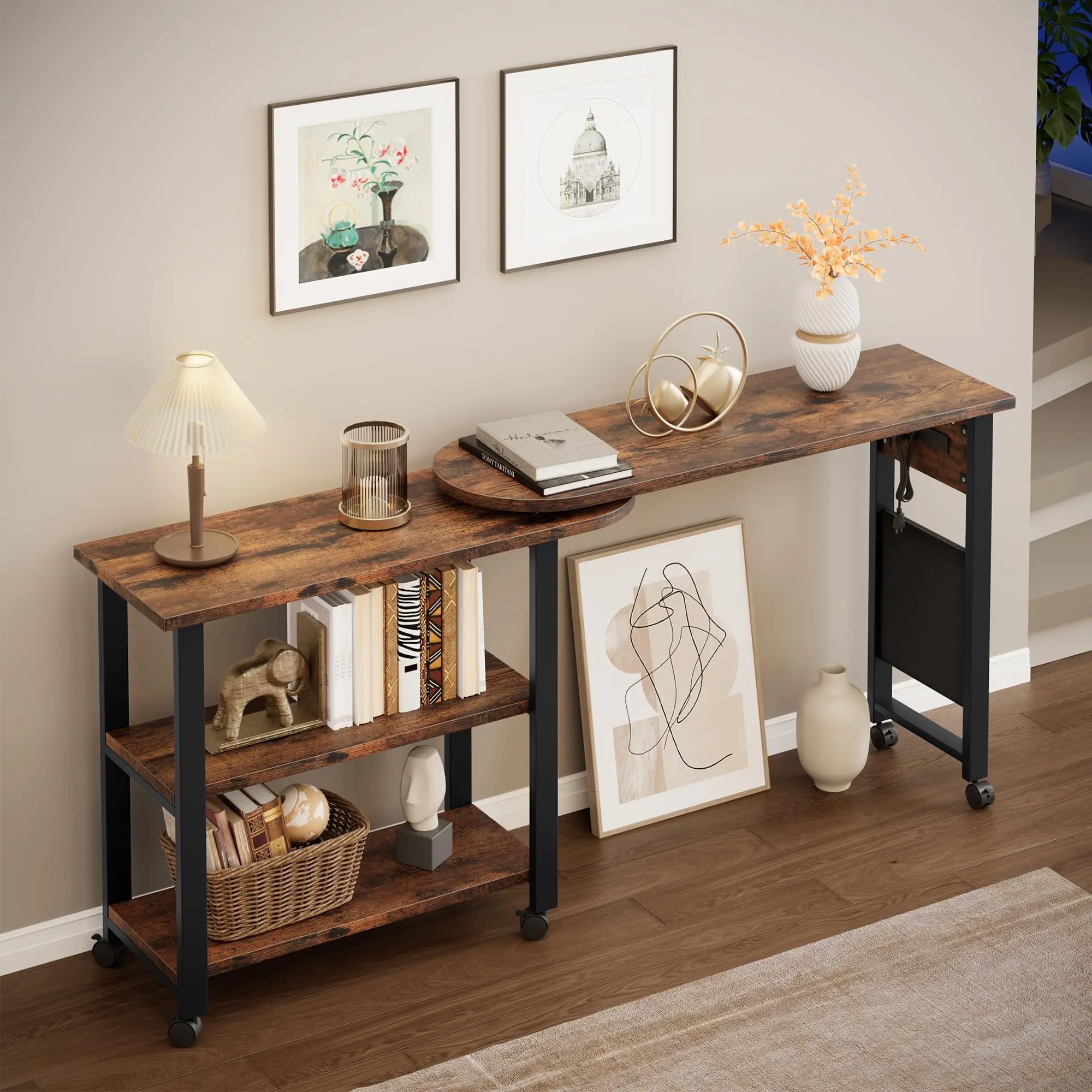 💡 360° Rotating End Table with Charging Station – Swivel Side Table, Lockable Wheels, USB Outlets & Storage Bag for Bedroom, Living Room & Office! ✨