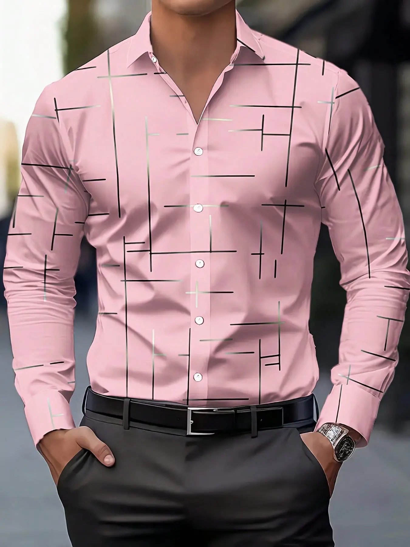 Men's Long Sleeve Collared Shirt, Geometric Line Print Business Casual Shirt, Slim-Fitting, All Seasons, Unlined Top