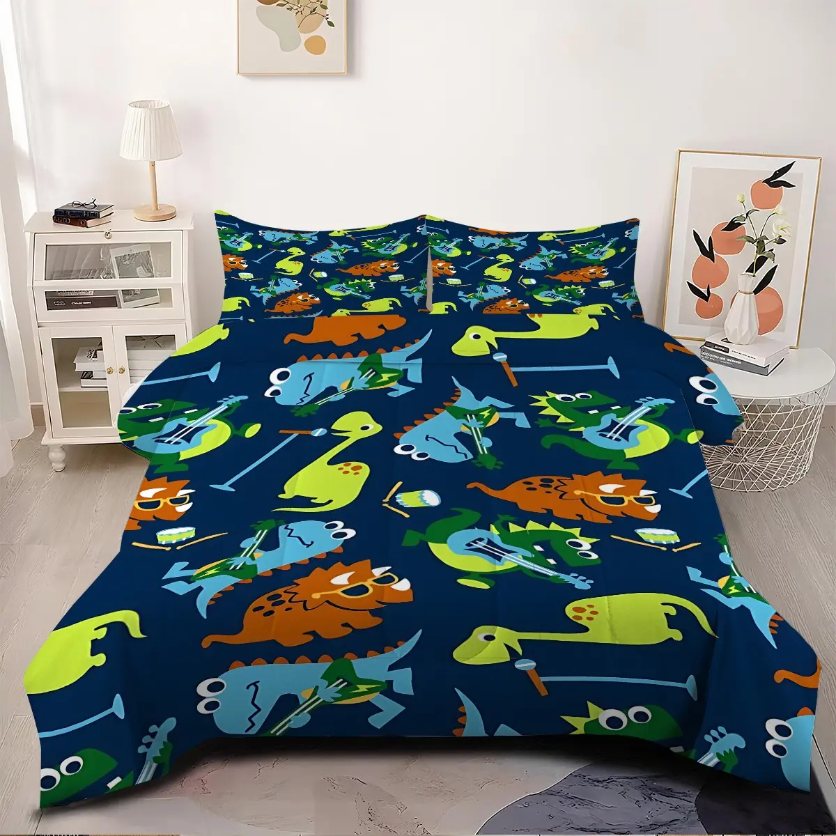 2/3Pcs Cartoon Dinosaur Band Print Bedding Set, Bed Sets Supplies, Twin Boys Bedding Set, Colorful Music Rock Dinosaur Comforter Set, Comfortable Breathable Quilt, Quilted Design, Suitable for Teenagers' Bedrooms (Without Pillow Core)