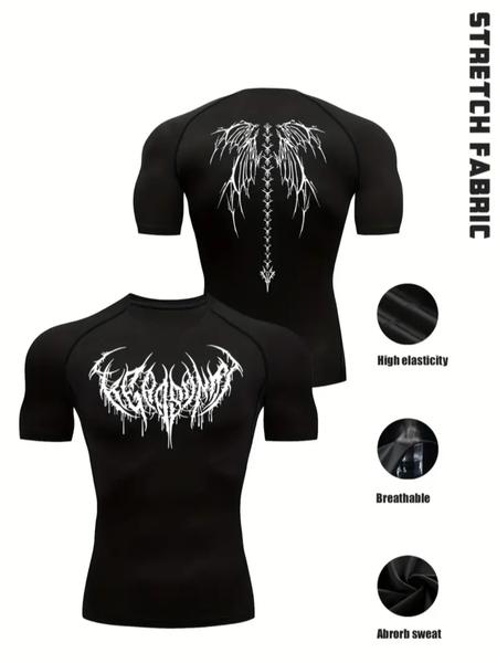 Gothic Style Men's Black Gym Shirt – Metallic Letter & Spine Wing Design, High-Stretch Slim Fit Workout Top, Ideal for Gym, Training & Casual Wear, Muscle-Enhancing Sportswear, Gothic Aesthetic Fitness Tee, Bodybuilding Fitness Tee Gothic Style Men's Black Gym Shirt – Metallic Letter & Spine Wing Design, High-Stretch Slim Fit Workout Top, Ideal for Gym, Training & Casual Wear, Muscle-Enhancing Sportswear, Gothic Aesthetic Fitness Tee, Bodybuilding Fitness Tee