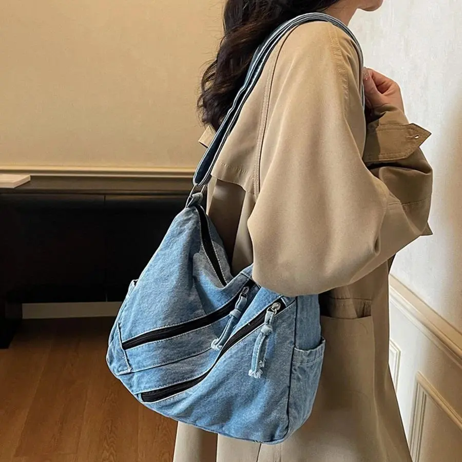 Large Capacity Messenger Bag Multi-pockets Satchel Bags Adjustable Strap Ladies Crossbody Bag Vintage Denim Women's Shoulder Bag