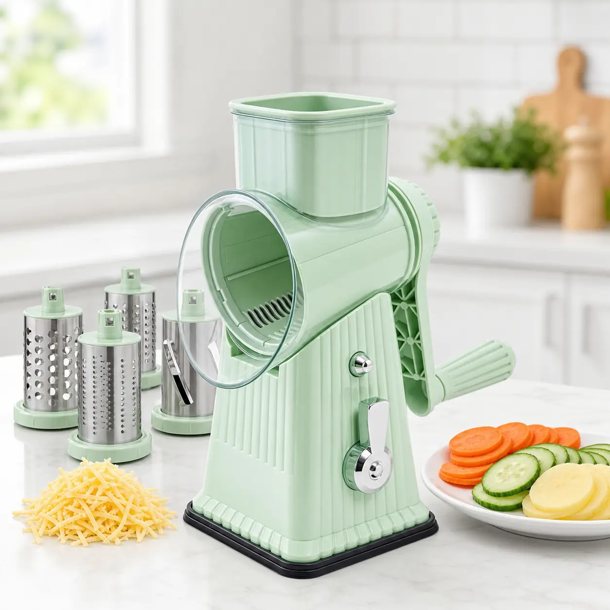 Rotary Cheese Grater with 5 Stainless Steel Blades, Hand Crank Vegetable Slicer with Strong Suction Base for Cheese, Potato, Carrot, Cucumber & Meal Prep