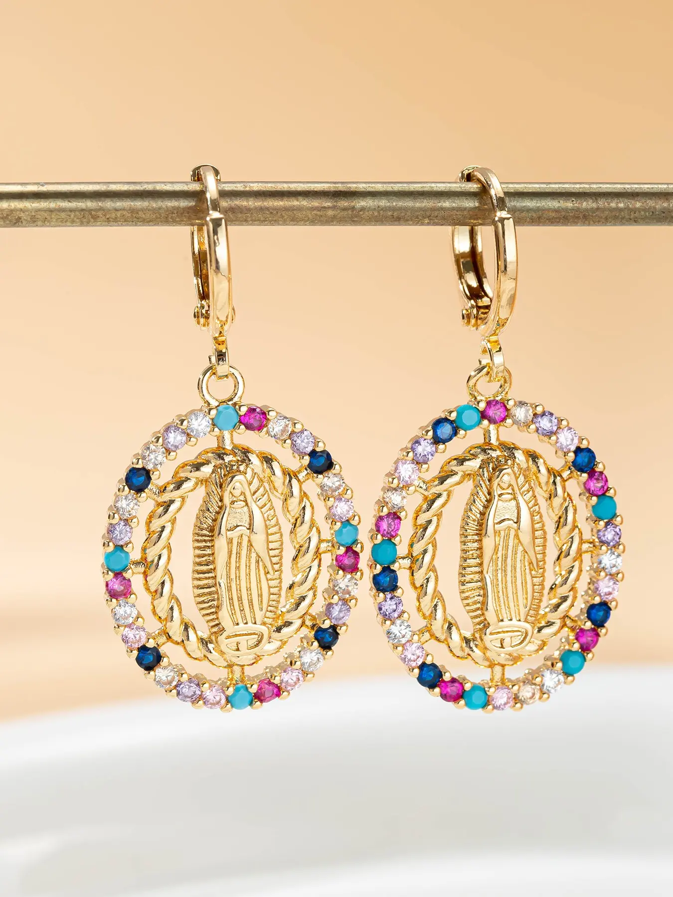 Virgin of Guadalupe Dangle Earrings for Women, Multicolor Cz Religious Hoop Earrings, Boho Style Mexican Faith Jewelry Gift