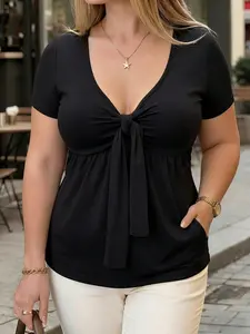 Women's Plus Size Front Knot Ruffle Top, Elastic Fabric V-Neck Short Sleeve, Casual Streetwear for Office, Everyday and Daily Wear