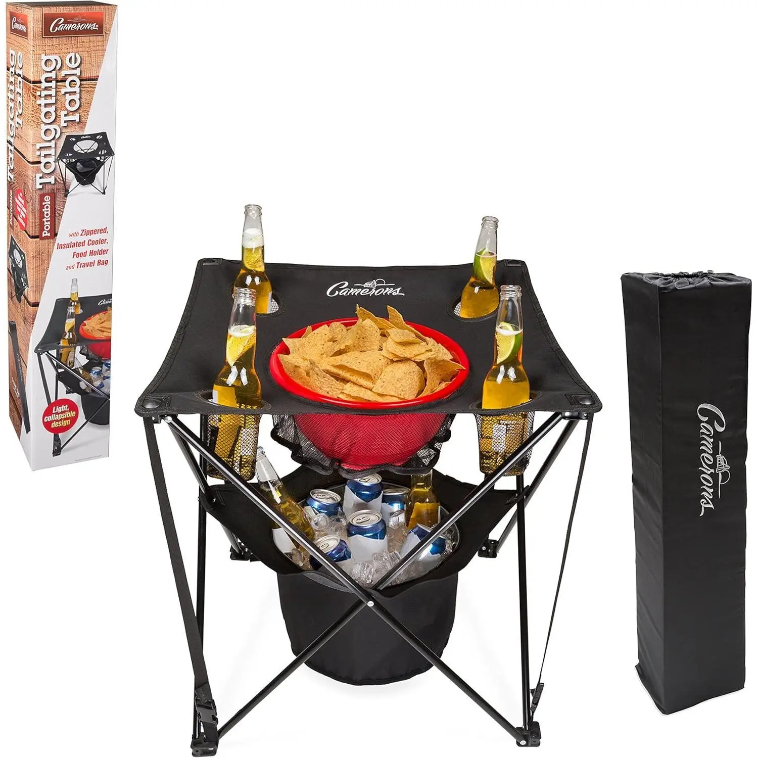 Camerons 1-in-1 Portable Folding Camping Table - Insulated Cooler, Food Basket, Cup Holders, Travel Bag Included - Collapsible Outdoor Furniture for Tailgates, BBQs, Beach