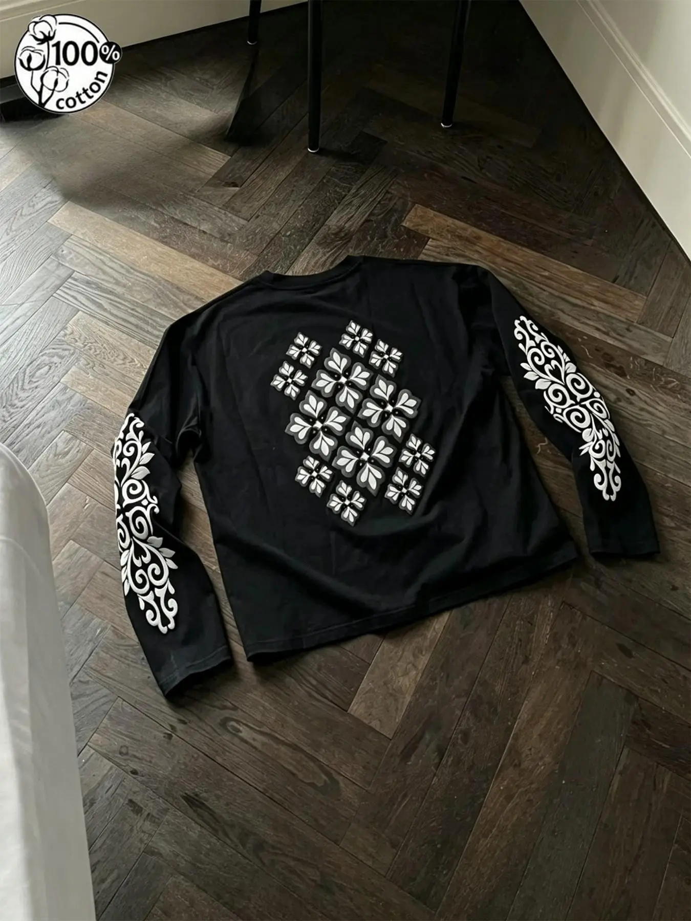 Unisex 100% Cotton Multi-Color Graphic Floral Cross Flower Totem Back Print Long Sleeve Tee Double Sleeve Scroll Pattern Vintage Menswear Streetwear Oversized Casual Top