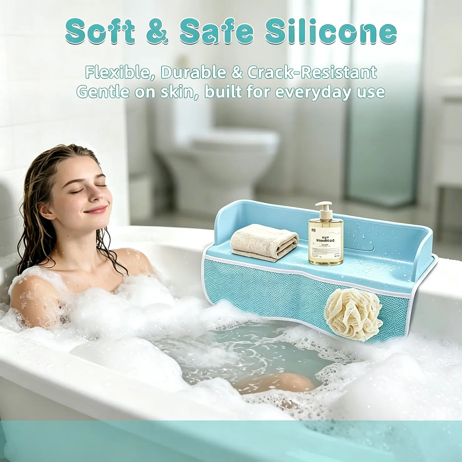 Foldable Silicone Bathtub Splash Guard, 8 Suction Cups, Mesh Storage Bag, Anti Spill Water Shield, Tub Side Storage Tray