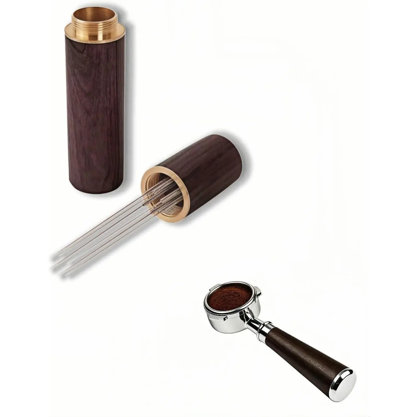 6- Espresso WDT Tool 0.35mm – Walnut  Handle & Stand, Break Up Clumps for Even Extraction, Anti-Channeling, Professional Barista Coffee Distributor Accessory