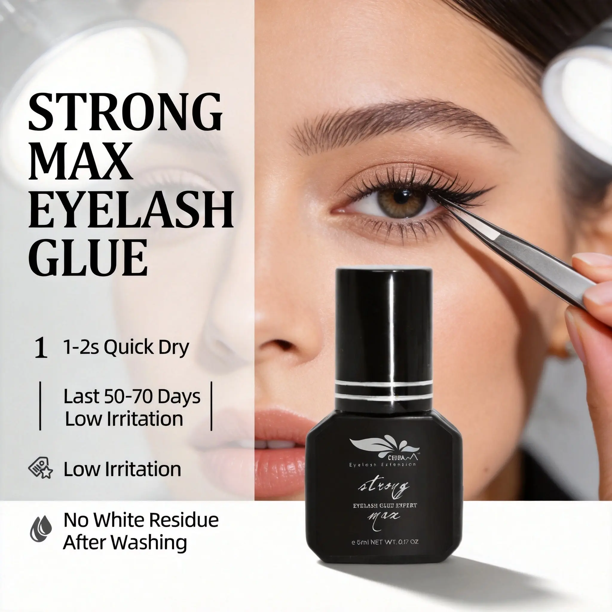 Quick-Dry Eyelash Glue 5ML, Professional Lash Extension Glue, Cluster Lash Glue, Long-Lasting Waterproof, Low Irritation, No Whitening, Beauty Lash Glue, Eyelash Adhesive
