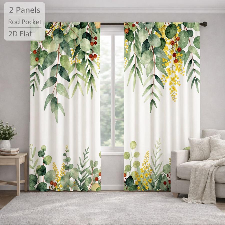 2Pcs Botanical Floral Pattern Eucalyptus Leaf Curtains Digital Printed Rod Pocket, Window Treatment For Bedroom Office Kitchen Living Room Study Home Decor