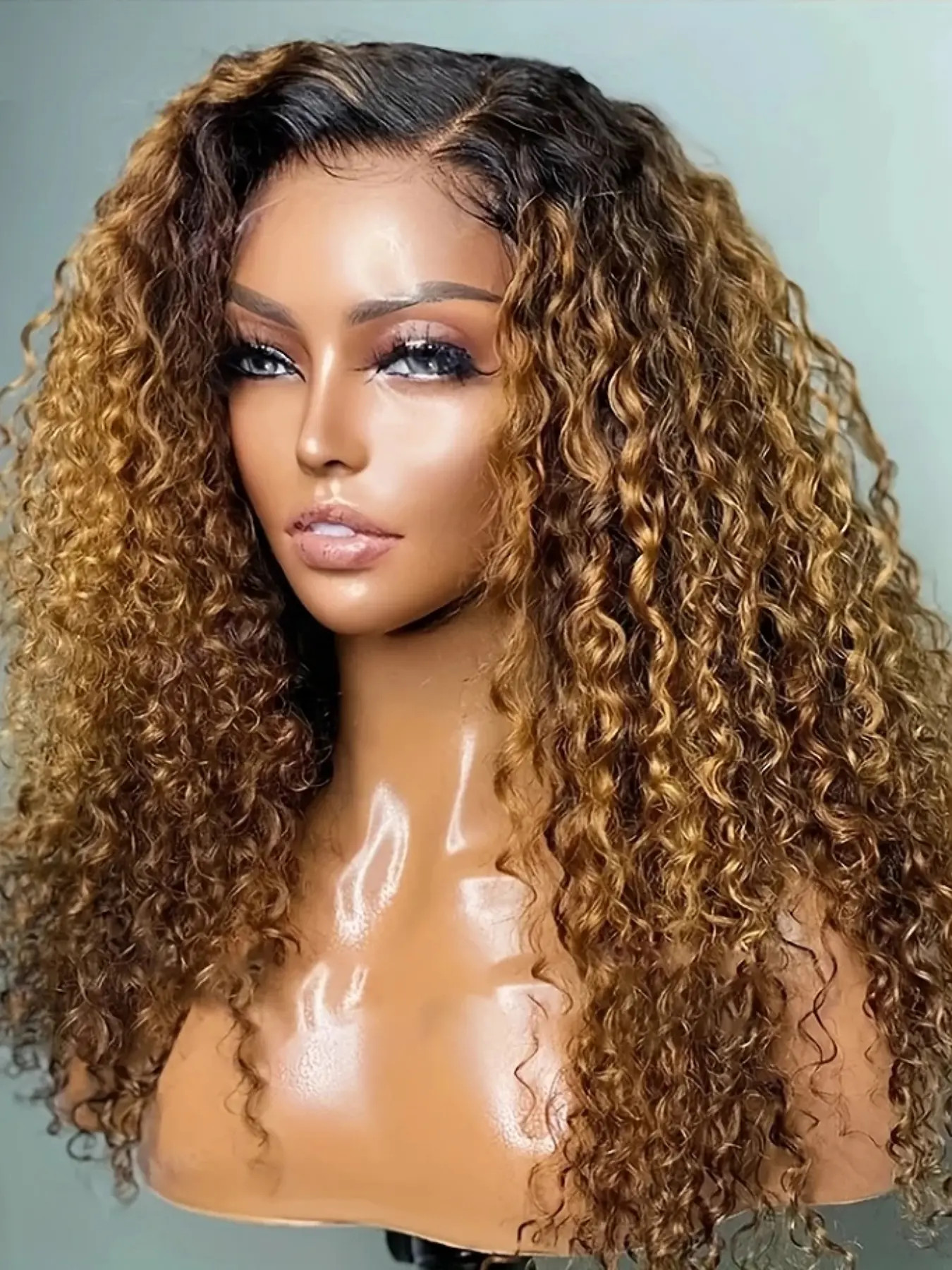 Ombre Honey Blonde Soft Long 26 Inch 180 Density Natural Kinky Curly Front Lace Wig, Glueless Heat Resistant Synthetic Hair, Daily Wear Pre-plucked Glueless Hair Wigs