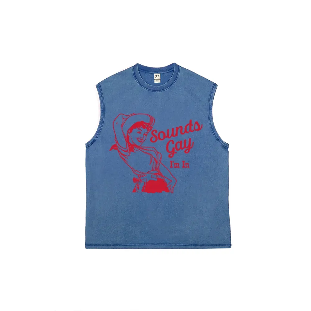 Men's Vintage Acid Wash Cut-Off Muscle Tank Top - Breathable Distressed Cotton Menswear, Retro Red Line Art Cowgirl "Sounds Gay I'm In" Funny Pride LGBTQ Graphic Print, Oversized Loose Fit Sleeveless Vest for Casual Streetwear, Fabric, Sport