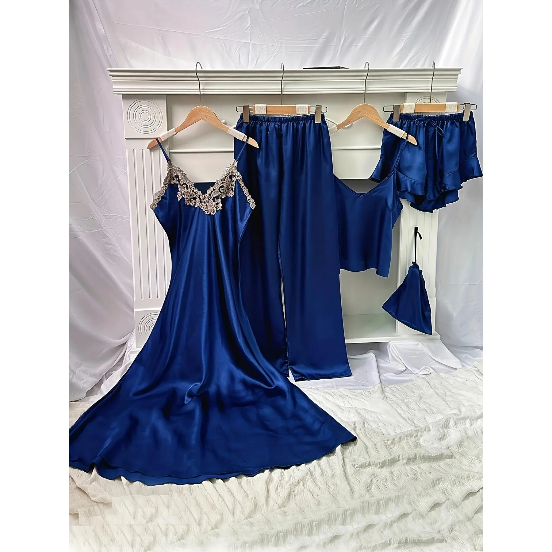 [Elegant Pajama Set] 5pcs Elegant Pajama Set for Women, V-Neck Solid Color Sleepwear with Lace Detail, Includes Camisole, Shorts, Pants, and Storage Bag, All-Season Polyester 100% Comfort, 90gsm Woven Fabric