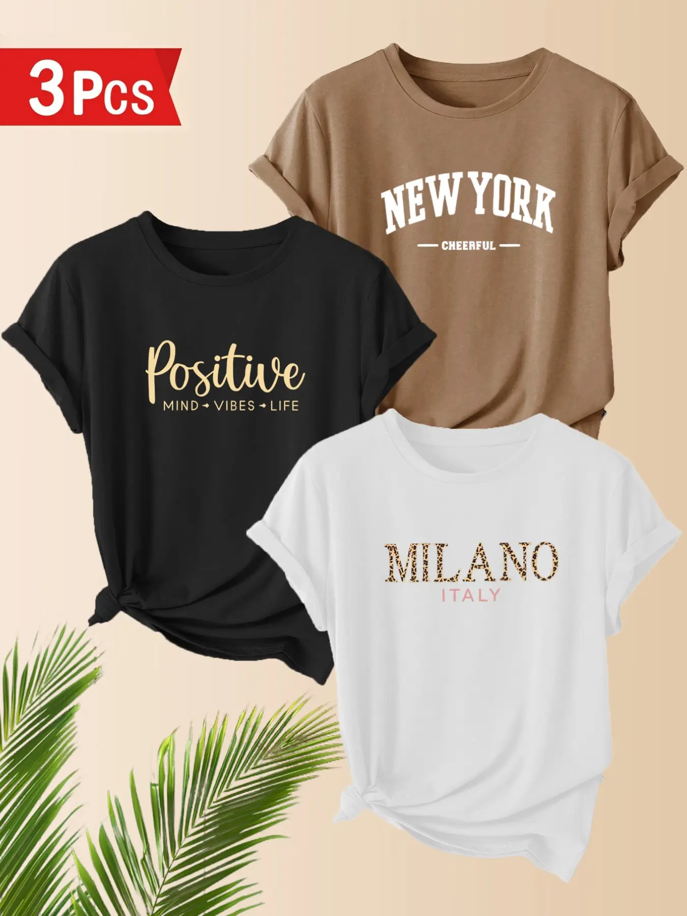 3-Pack Women's Casual T-Shirts, Elegant Letter Print, Polyester, Round Neck Short Sleeve, Comfortable for Spring & Summer, Casual Comfy Top