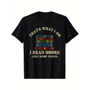 NEWBook Lover's Delight 'I Read Books & I Know Things' Graphic Tee - Soft Cotton, Crew Neck, Short Sleeve Versatile Casual Wear for Men Machine Washable, Book Lover Gifts Same style for men and women  summer short-sleeved printed T-shirt pure cotton