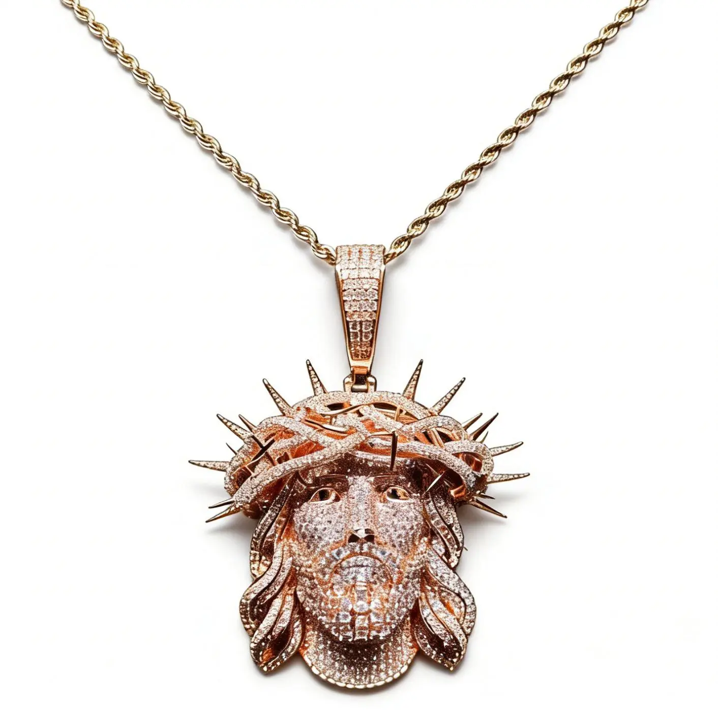 Large Round Thorn Crown Jesus Head Pendant - Gold Plated Amulet, Chain & Link Design, Customizable with Engraved Letters/Logos/Patterns, for Unique Jewelry Lovers, Complimentary Shipping, Summervibes men's jewelry trendy costume jewelry