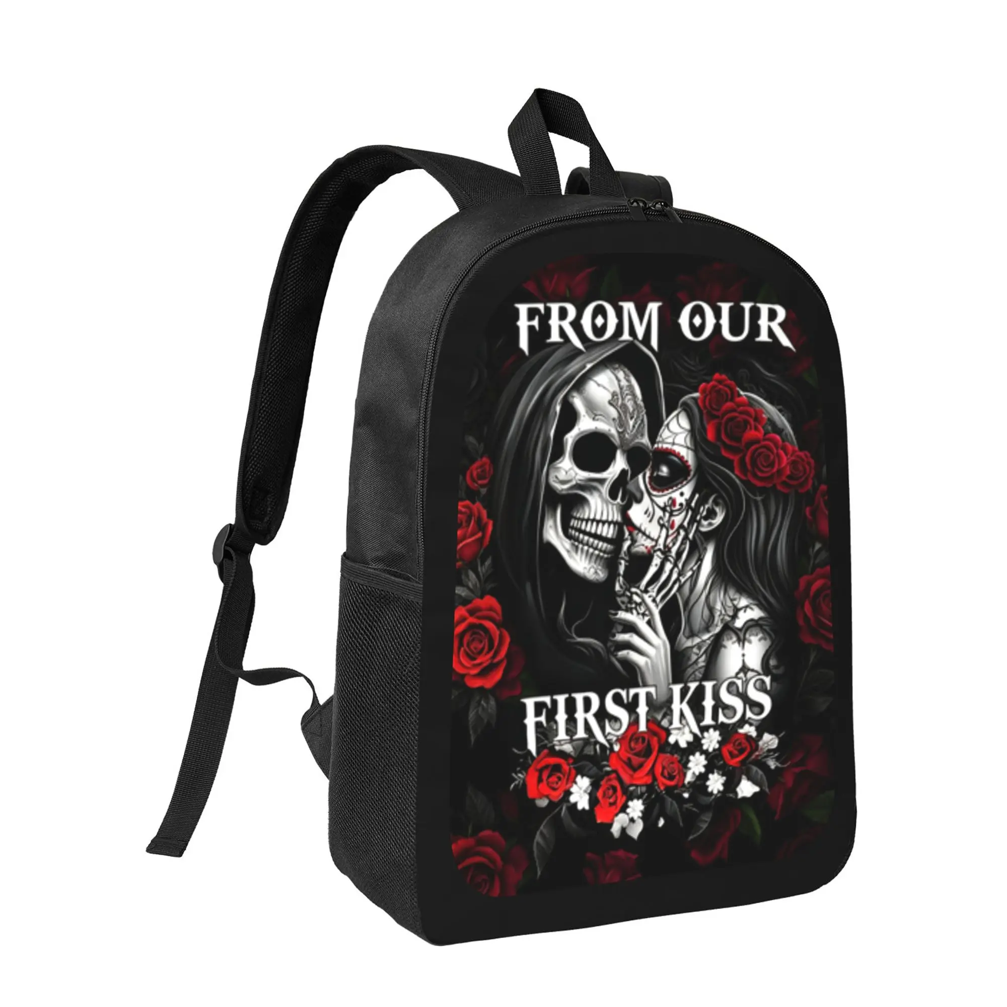 Unisex Gothic Sugar Skull Couple Red Rose Polyester Backpack - Dark Floral Art, Lightweight, Stylish, Adjustable, Comfortable, Breathable, Durable Bookbag for School, Outdoor Travel - Gift for Gothic Art Lovers