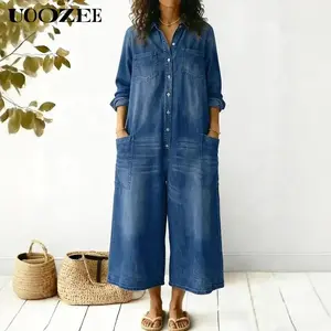 UOOZEE Women's 2026 New Spring-Summer Cotton Long-Sleeve Collared Denim Jumpsuit - Oversized Lapel, Buttoned, Wide-Leg, Loose-Fit, Pockets, Minimalist Beach-Style Casual Coveralls for Spring Brunch, Smart-Casual Events (Women's Clothes, Clothes),summerout