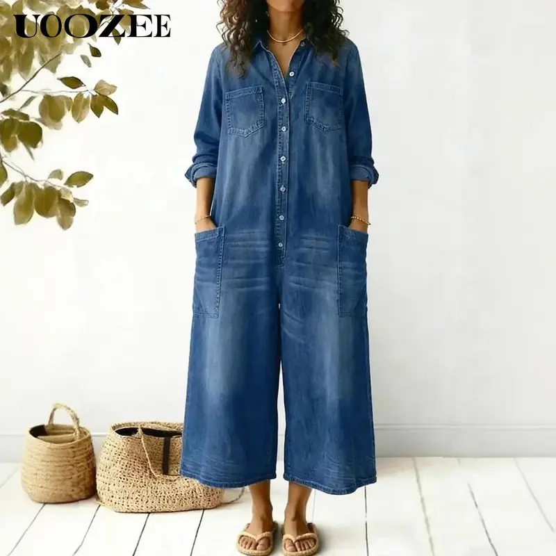 UOOZEE Lady's Minimalist Collared Neck Denim Jumpsuit - Long Sleeve, Baggy Oversized Wide-Leg, Cold Wash Durable Fabric, Button Closures, Pockets, Layer-Ready Style Coveralls for Casual Wear