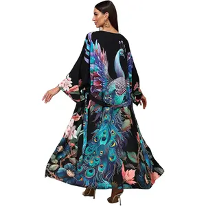 Swimsuit Coverups for Women Long Kimonos Robes Peocock Flower Printed Boho Beach Cover Ups Summer Holiday Sarong WrapsGift.