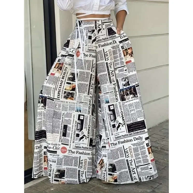 Stylish Newspaper Print High-Waist Palazzo Pants - Comfort Fit, Durable & Easy-Care, Perfect for All Seasons