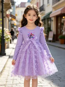 Sweet Style Mesh Dress, Ruffle Sleeve + Waist Tie Design, Idol Girl Print, Perfect for Daily Wear and Party Dresses