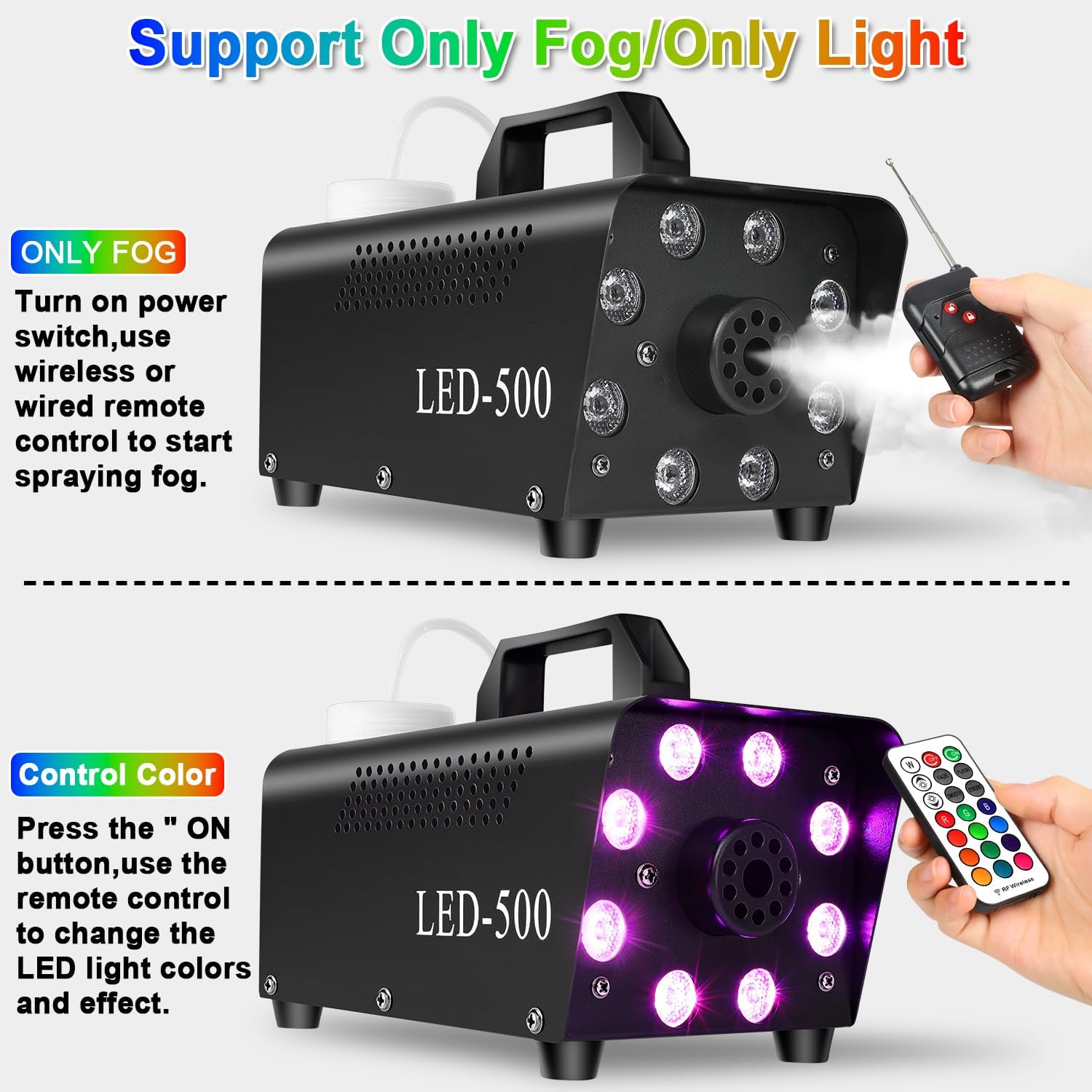 Upgraded Fog Machine Smoke Machine with 13 Colorful 8 Led Lights, 500W and 2000CFM Fog with Wired  Remote Controls,  for Indoor Outdoor Wedding, Halloween, Party and Stage Effect