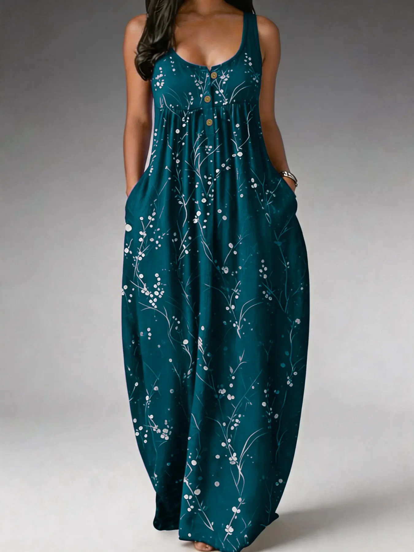 Women's Elegant Plus Size Tree Print Sleeveless Long Dress, Loose Fit, Fashionable European and American Style Dress