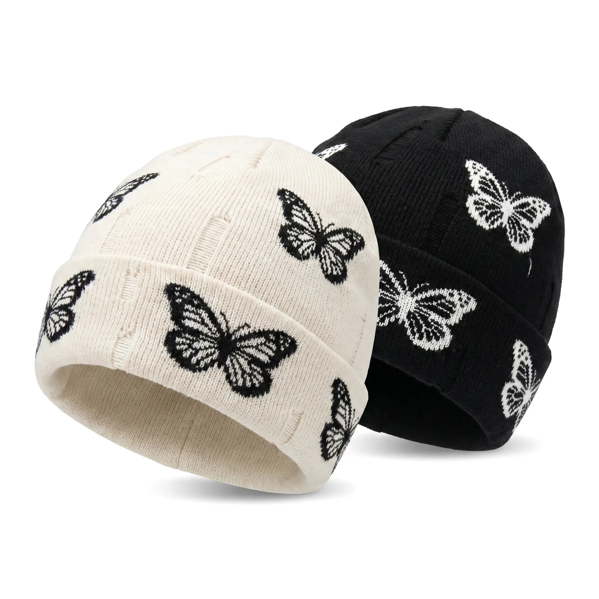 Comfortable and breathable knitted hat, perfect for windy days. Soft cotton-polyester blend knitted hat with a distressed wrap design, Japanese butterfly print, warm postpartum sleep cap, windproof.
