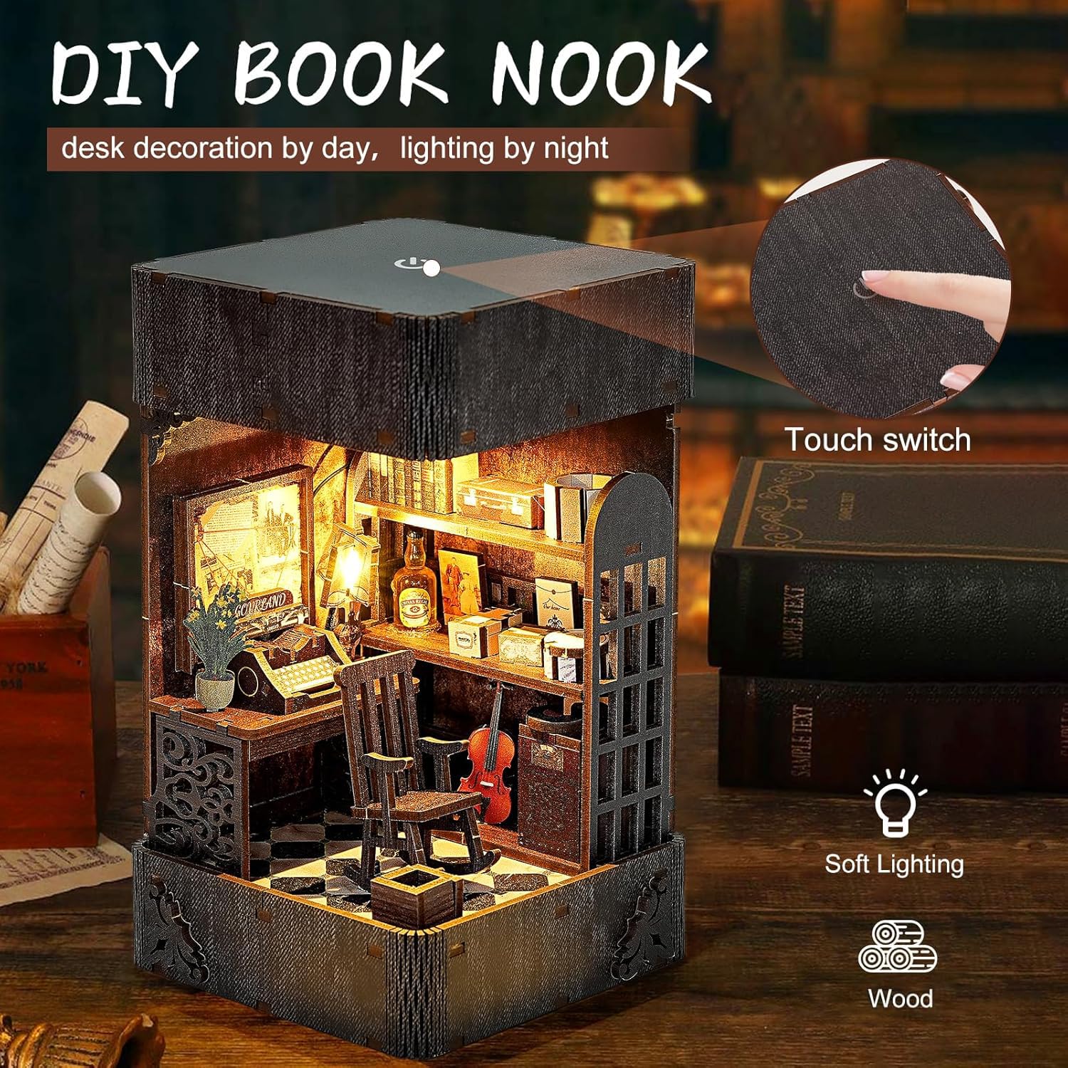 DIY 3D Wooden Puzzle Vintage Handcrafted Book Nook Kit, Handmade Book Stand Model for Shelf Decor, Unique Birthday and Holiday Gift Idea