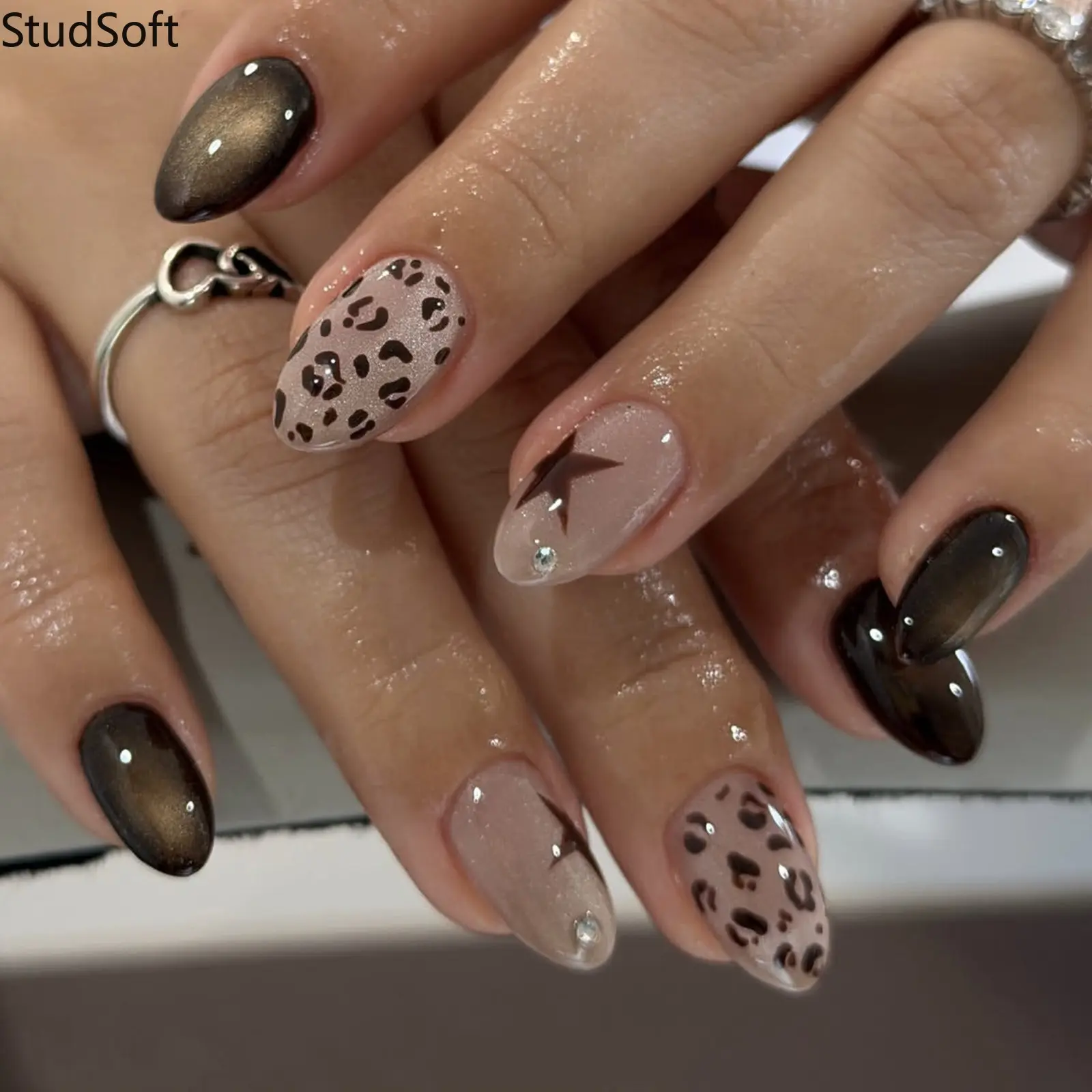 24pc Leopard Cat Eye Press on Nails Almond Medium Fake Nail Patches Glossy Brown Star Artificial Nails Reusable Autumn Winter Manicure