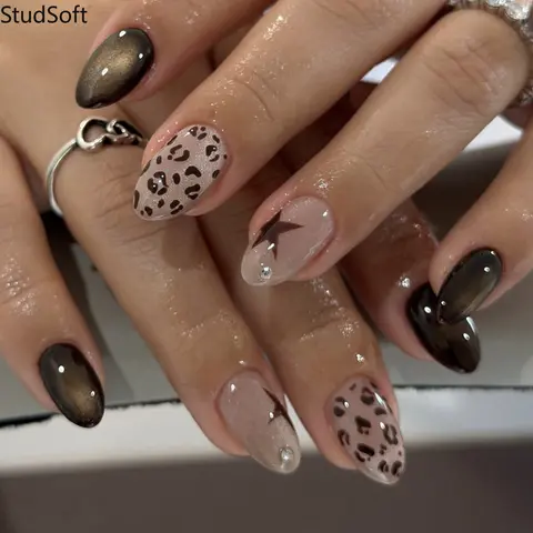 24pc Leopard Cat Eye Glossy Brown Star Artificial Decorative Press-On Nail Sets, Almond-Shape Medium Reusable Nails for Autumn Winter Manicures, Sohochic, Artificial Nails