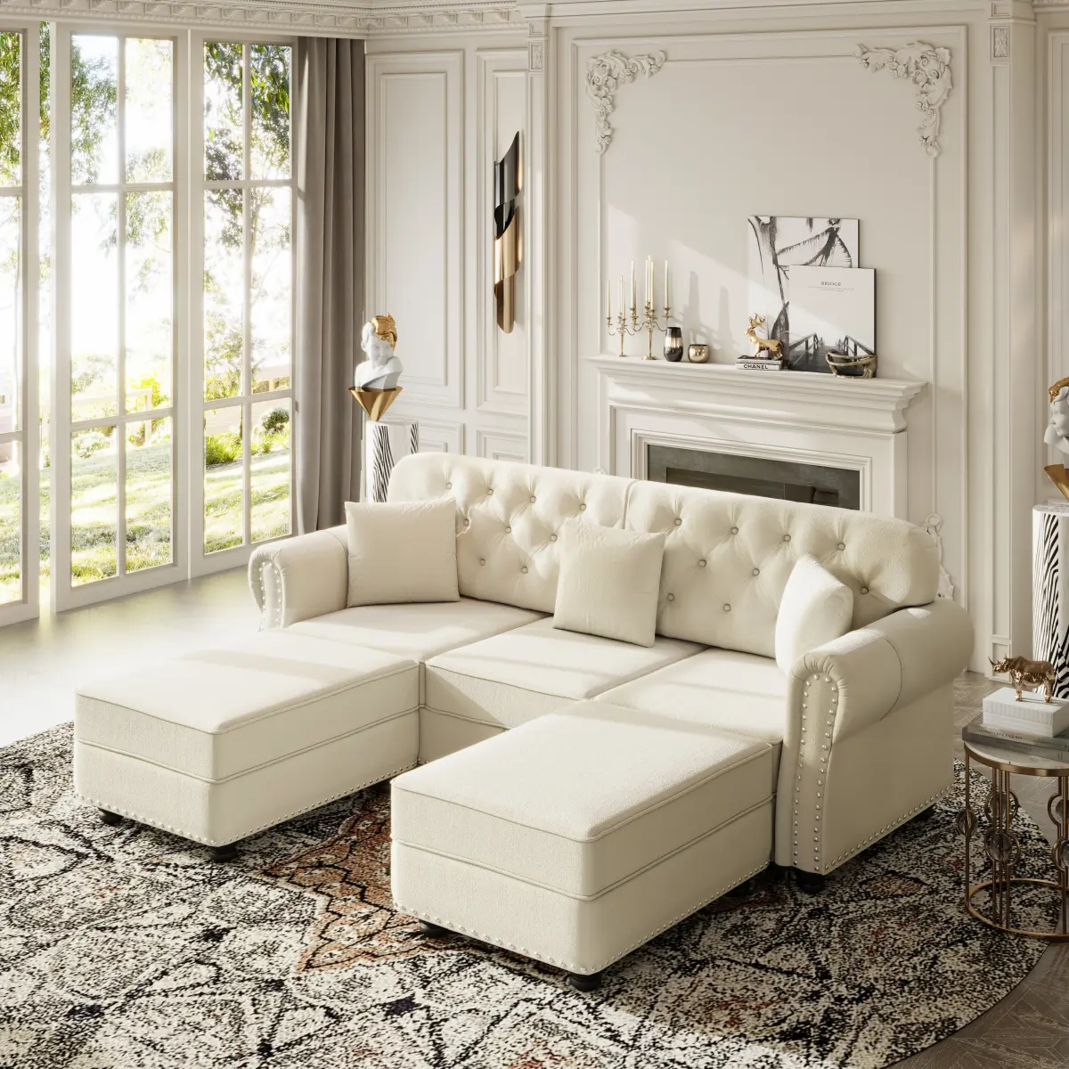 82.6" Width Sturdy Velvet Chesterfield Sofa Set with Ottoman, Mid-Century Modern Couch - Solid Pine Wood + Plywood Frame, Sponge Cushioning, Nailhead Trim, Button Tufting, Rolled Arms, 3 Pillows (Beige/White), Sofa: 82.6" W X 29.9" D X 33.8"