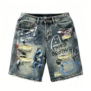 Men's vintage washed graffiti splatter distressed loose denim shorts, knee-length distressed street style denim shorts, hand-painted pattern denim shorts