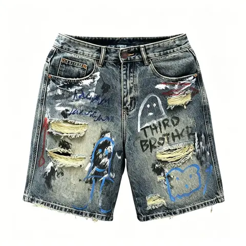 Men's Classic Denim Loose Oversized Retro Gradient Jean Shorts - Vintage Washed, Graffiti Splatter, Distressed Knee-Length, Hand-Painted Design, Pocket, Zipper Detail, Smooth Premium Yarn Fabric, Outdoor Street Punk Style, Sneaker-Matching