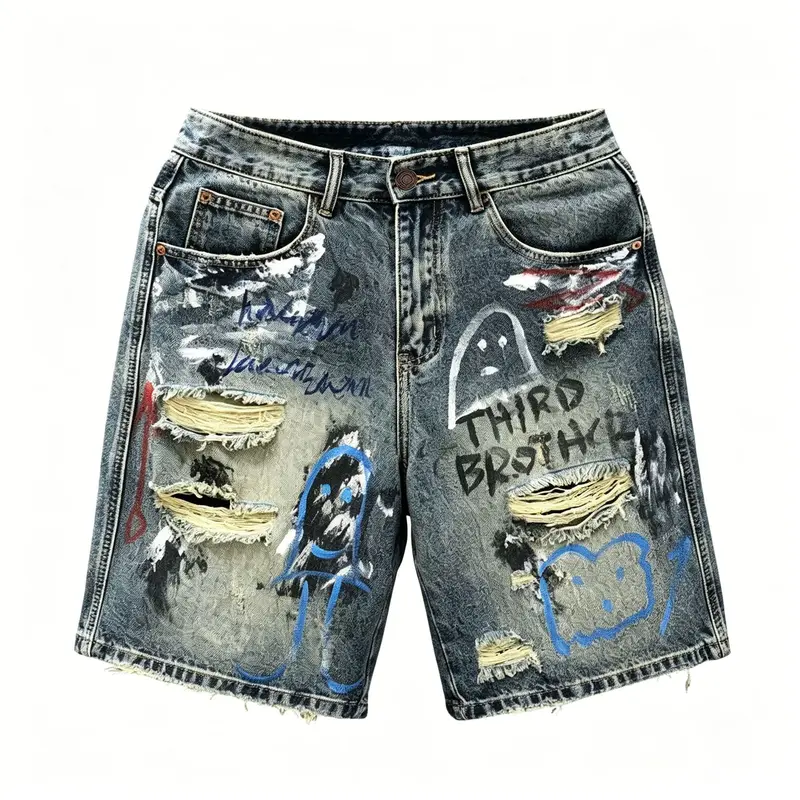 Men's Classic Denim Loose Oversized Retro Gradient Jean Shorts - Vintage Washed, Graffiti Splatter, Distressed Knee-Length, Hand-Painted Design, Pocket, Zipper Detail, Smooth Premium Yarn Fabric, Outdoor Street Punk Style, Sneaker-Matching