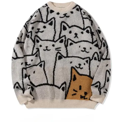 Unisex Men's All Over Cat Print Drop Shoulder Sweater, Cute Casual Long Sleeve Round Neck Jumper for Spring & Fall, Fashion Men's Knitwear for Daily Wear, Casual Comfy Knitted Pullover, Knit Sweater Clothing, Menswear