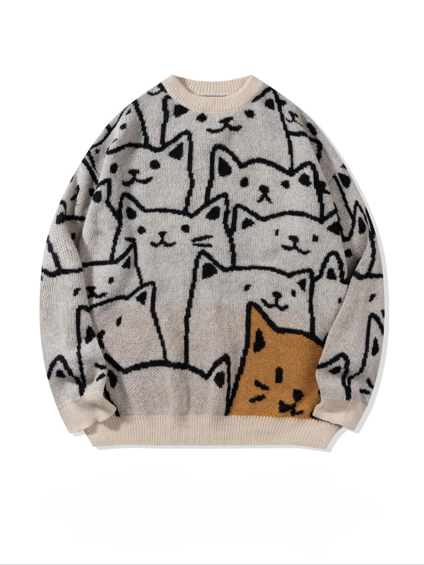 Unisex Men's All Over Cat Print Drop Shoulder Sweater, Cute Casual Long Sleeve Round Neck Jumper for Spring & Fall, Fashion Men's Knitwear for Daily Wear, Casual Comfy Pullover, Menswear