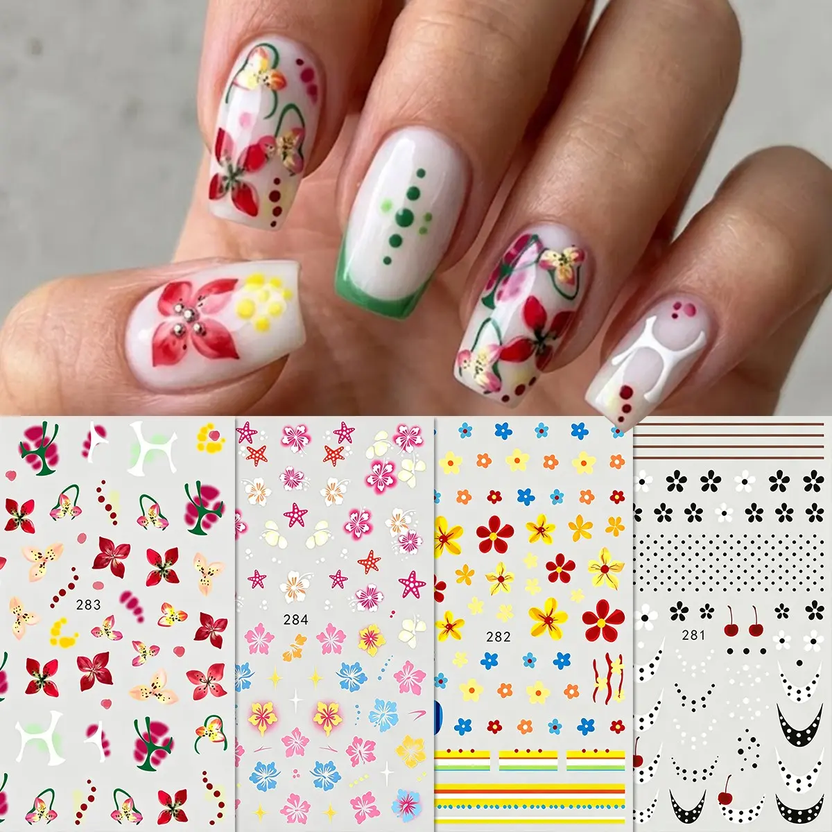 4-Piece Tropical Island Style Nail Art Stickers, Multicolor Cherry Polka Dot Nails, Summer Music Festival Party DIY Decorations
