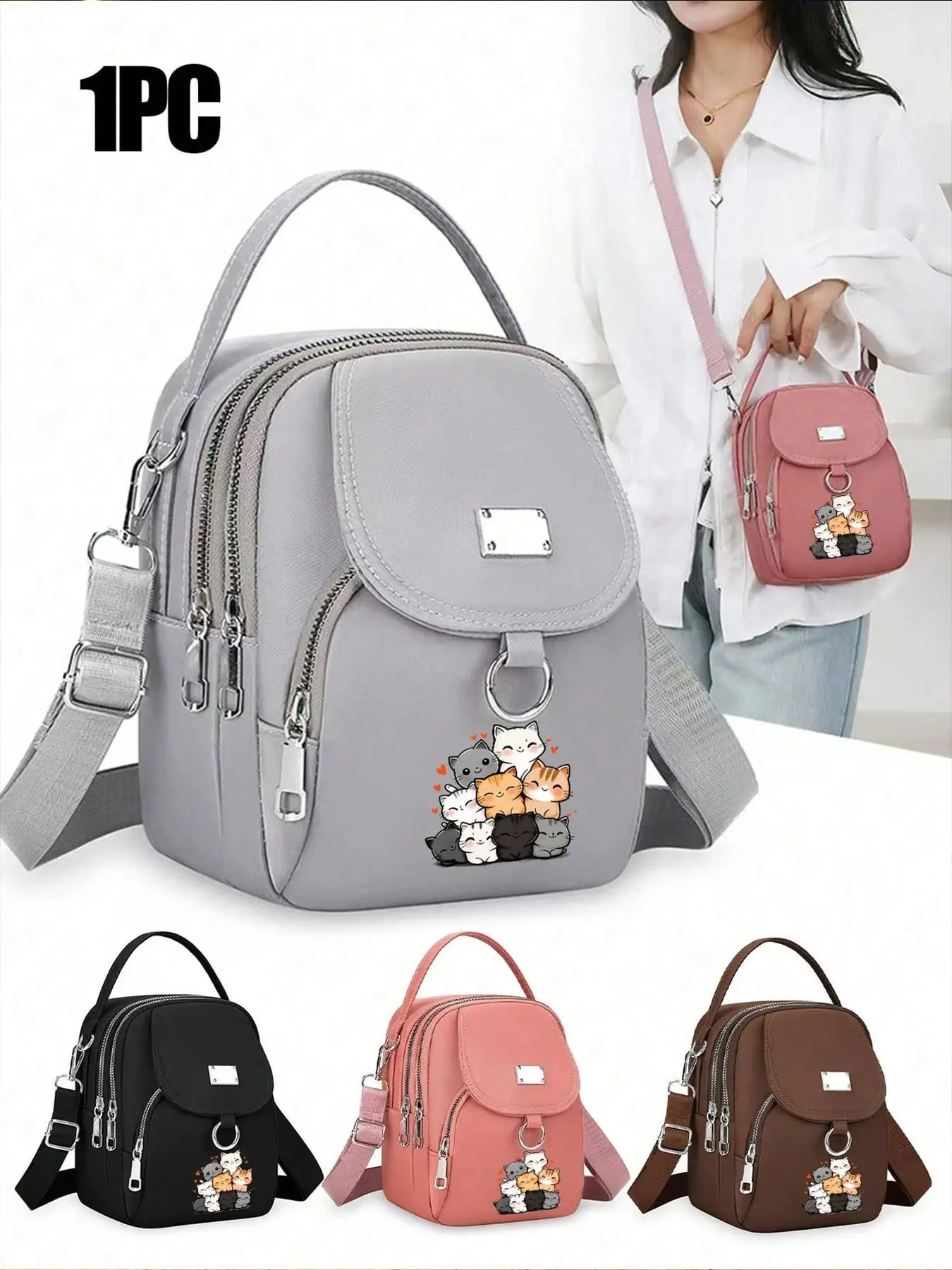 Cute Cat Pattern Oxford Shoulder Bag, Fashion Casual Handbag, Zipper Closure, Polyester Lining, Lightweight & Durable, Ideal Gift