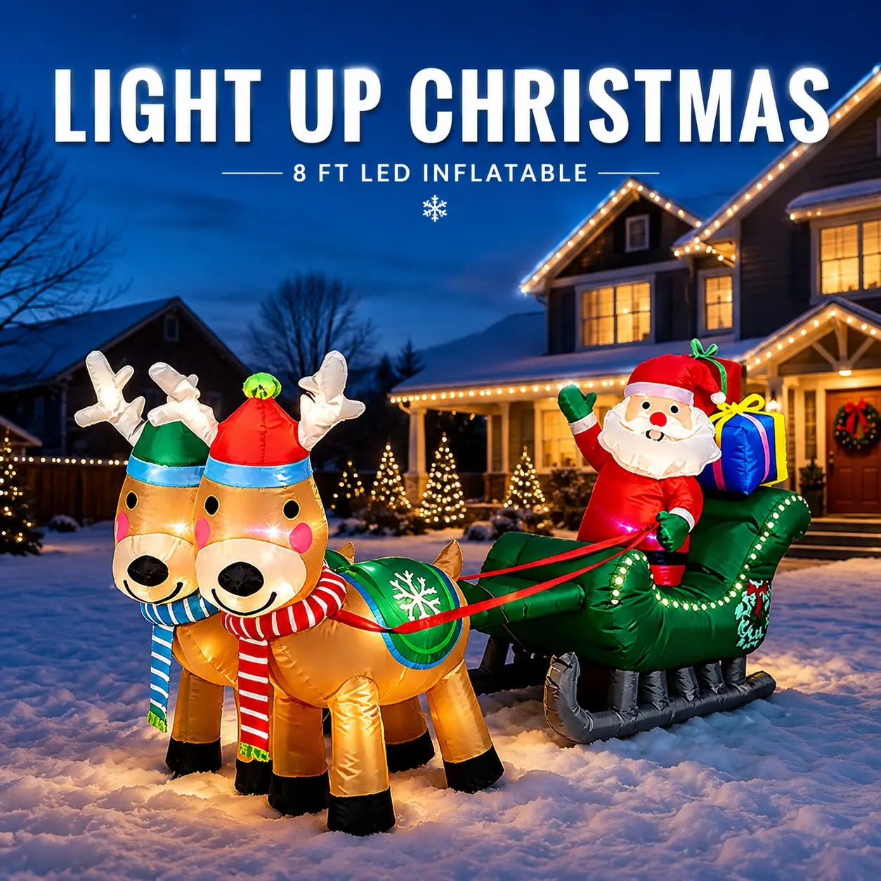 2.4m Christmas Inflatable Reindeer Sleigh Santa LED Light Festival Decor, Outdoor Yard Lawn Party Decoration, Holiday Home Mall Entrance Ornament