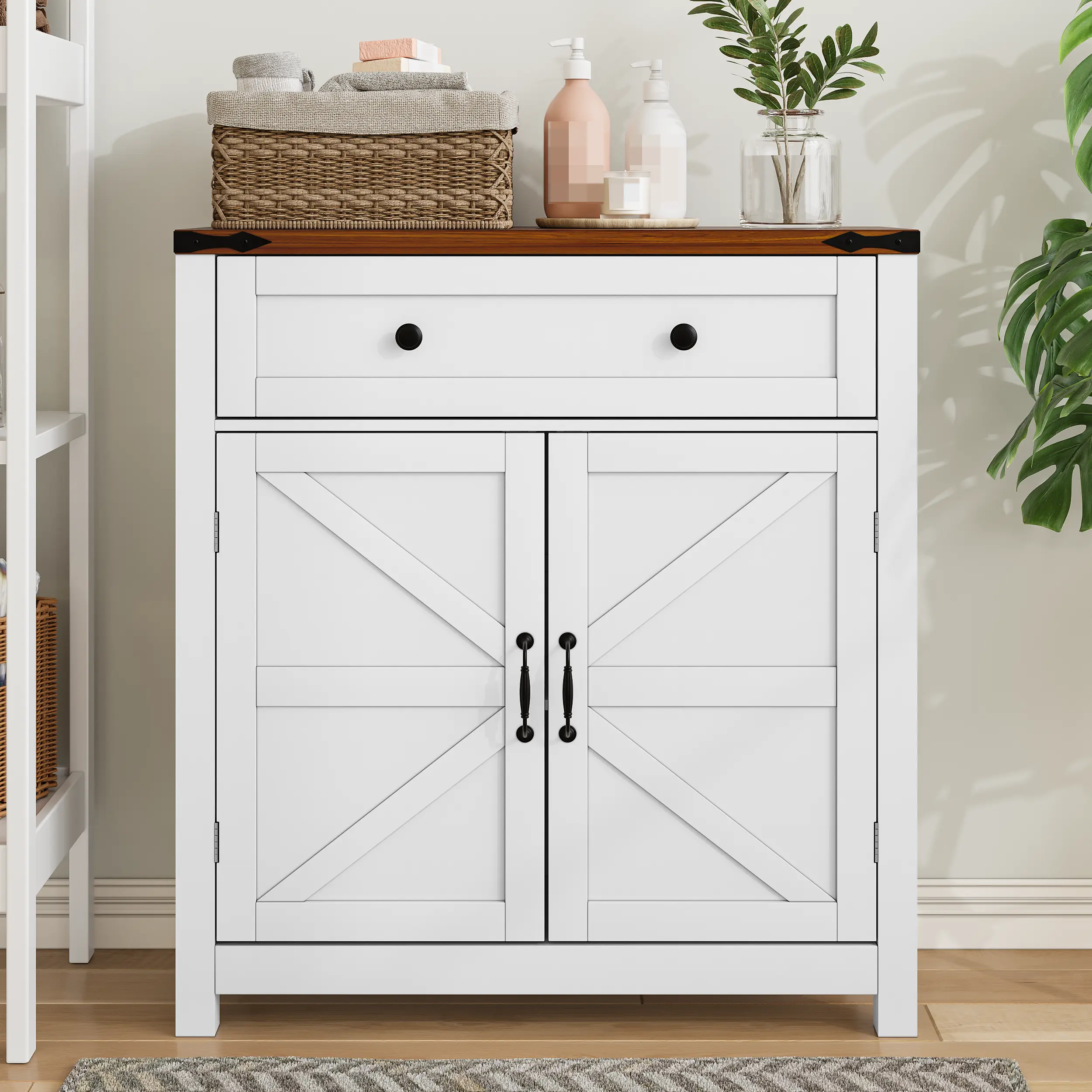 ARCH Farmhouse Storage Cabinet with Drawer and Adjustable Shelf, White Kitchen Cabinet with Walnut Countertop, Modern Coffee Bar Console Cabinet for Kitchen, Dining Room, Bathroom, Entryway, Versatile Sideboard Buffet Cabinet with Storage