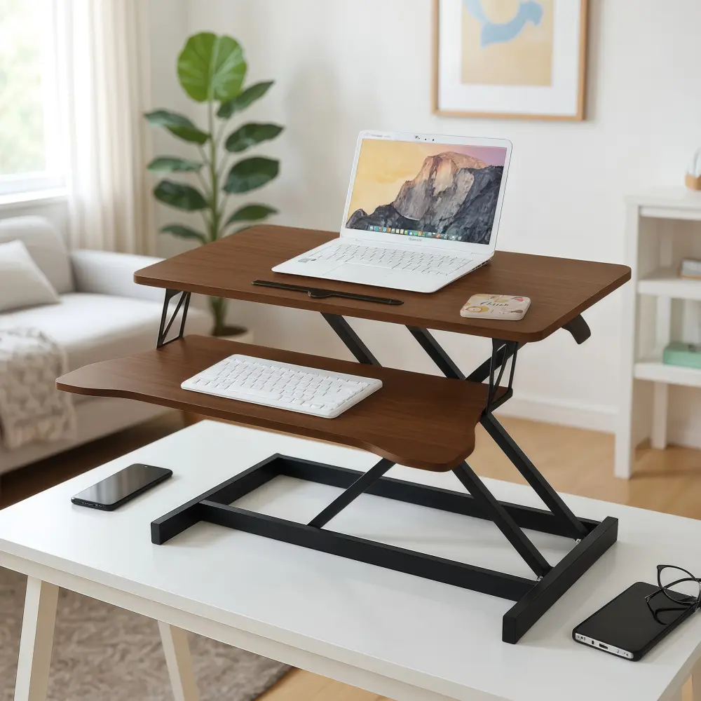 32 Inch Desk Converter, Height Adjustable Sit to Stand Riser, Dual Monitor and Laptop Workstation with Wide Keyboard Tray, Walnut Color, Adjustable Multi-Functional Computer Workstations, Body-Friendly Computer Workstations