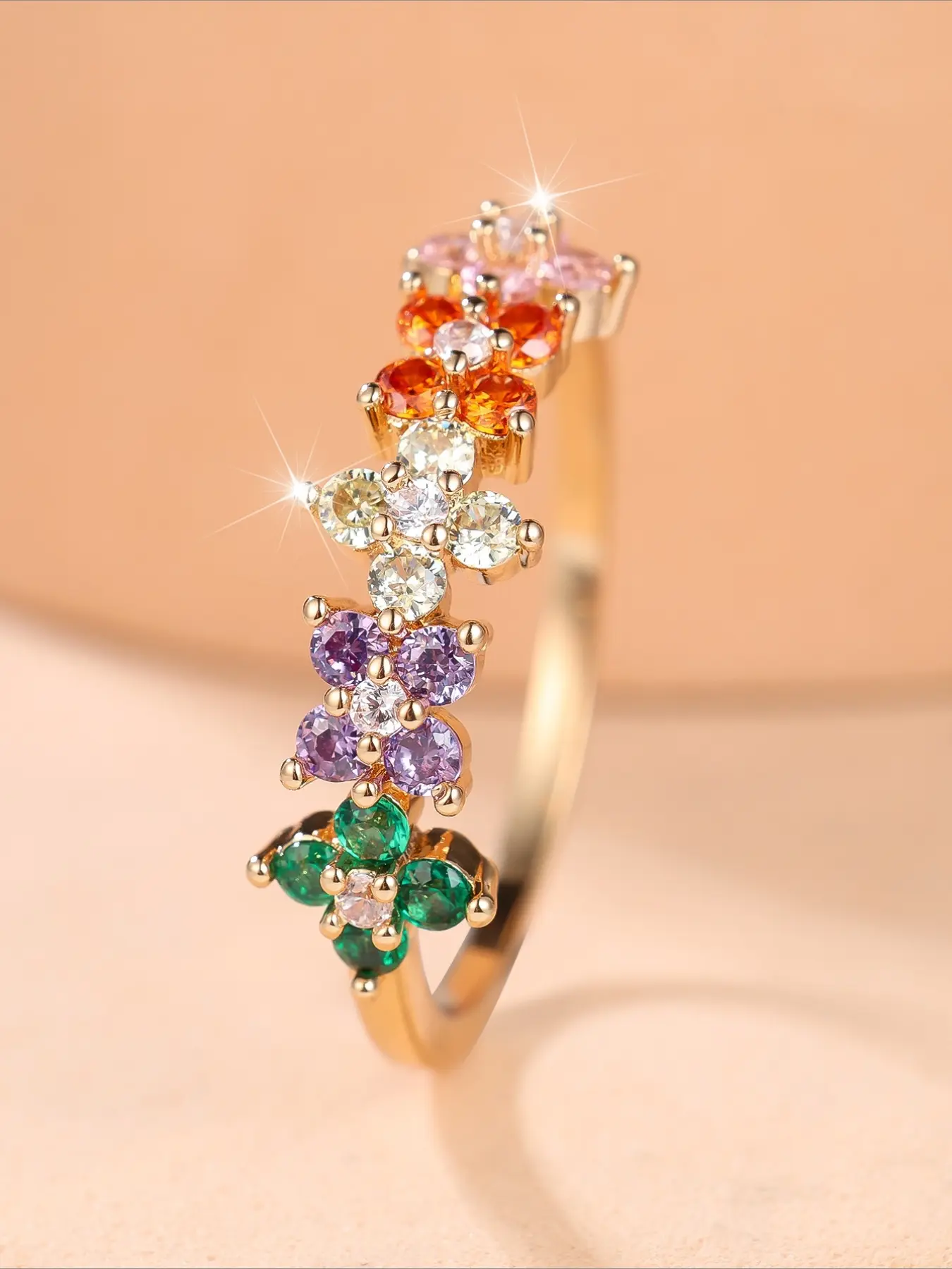 Trending Forest Style Floral Gradient Colorful CZ Stackable Ring Long Paved Multi Colored Cubic Zirconia Luxury Daily Wear Commute Versatile Jewelry For Women