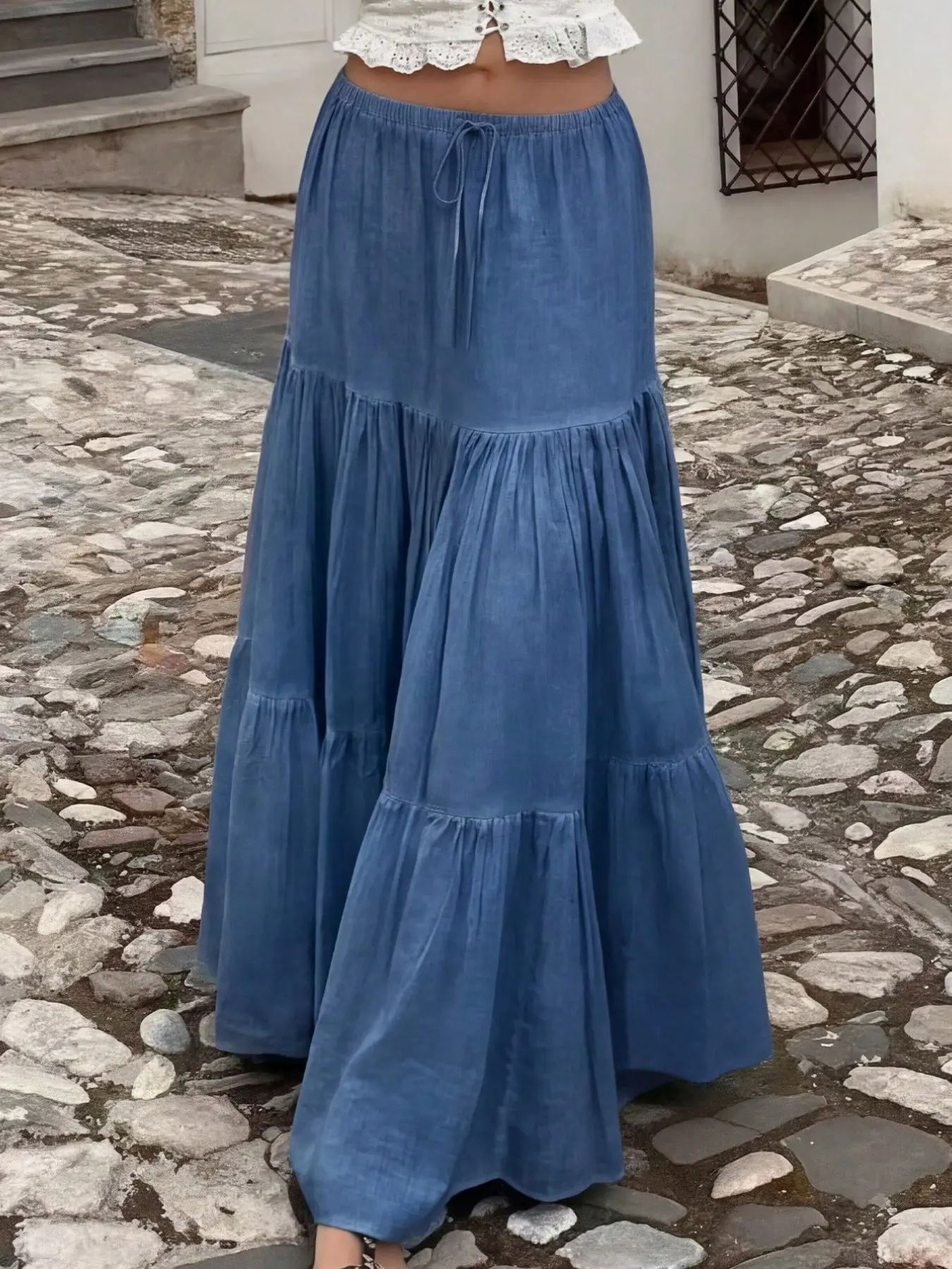 Women's Plus Size Long Layered Skirt, Casual Elastic Waist Midi Dress, Comfortable Fabric, Non-Elastic Daily Wear Skirt