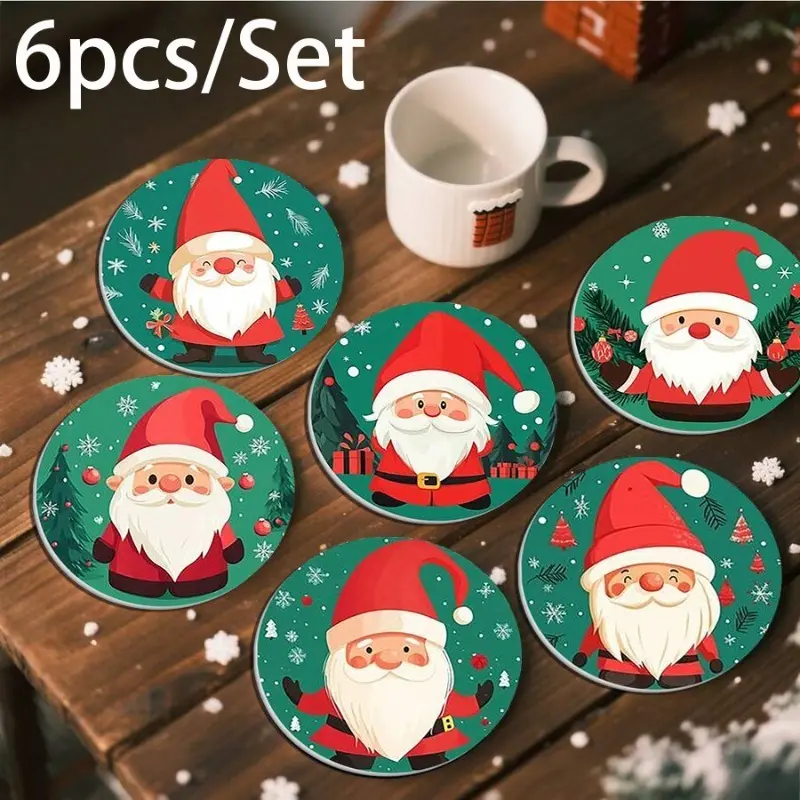 Cute Cartoon Santa Claus Round Christmas Coasters 6Pcs Set Water Absorbent Heat Insulation Drink Mats Green Snowflake Xmas Decor For Home Dining Table Tea Room Coffee Bar Car Cup Holders